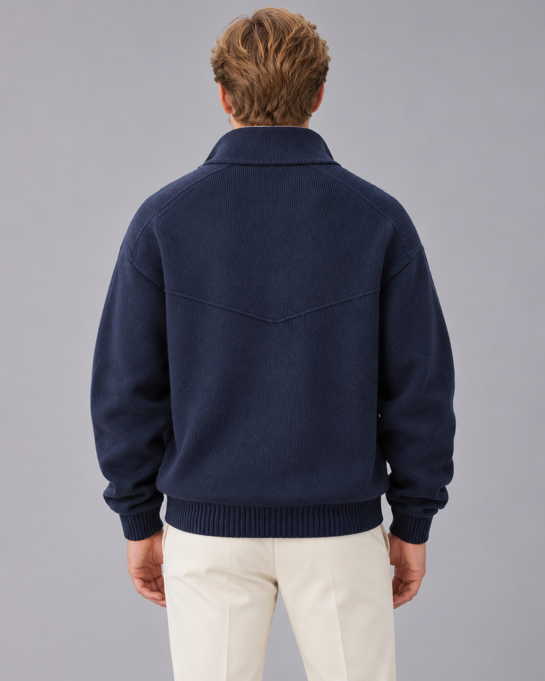 Men's Knitted Zip Cardigan – Stand Collar with Contrast Facing, Full Zip, Ribbed Cuffs, Relaxed Fit