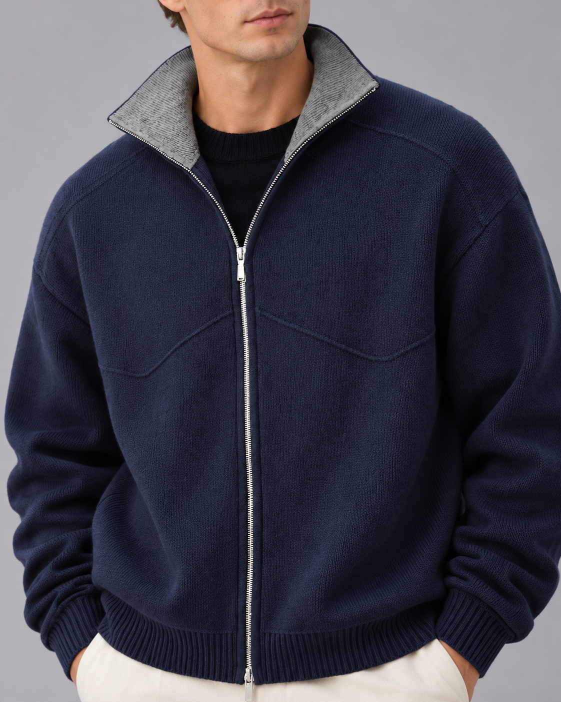 Men's Knitted Zip Cardigan – Stand Collar with Contrast Facing, Full Zip, Ribbed Cuffs, Relaxed Fit