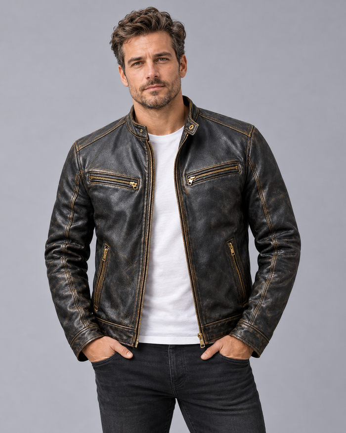 Men's Distressed Leather Jacket – Vintage Patina Finish, Stand Collar, 4 Zip Pockets