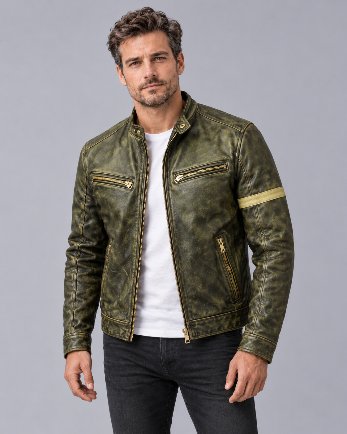 Men's Distressed Leather Jacket – Vintage Patina Finish, Stand Collar, 4 Zip Pockets