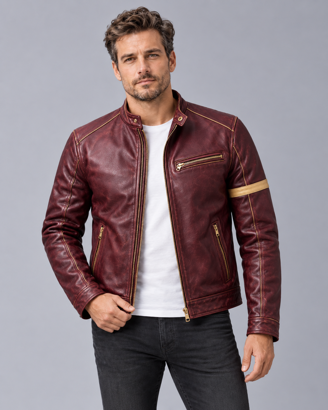 Men's Distressed Leather Jacket – Vintage Patina Finish, Stand Collar, 4 Zip Pockets