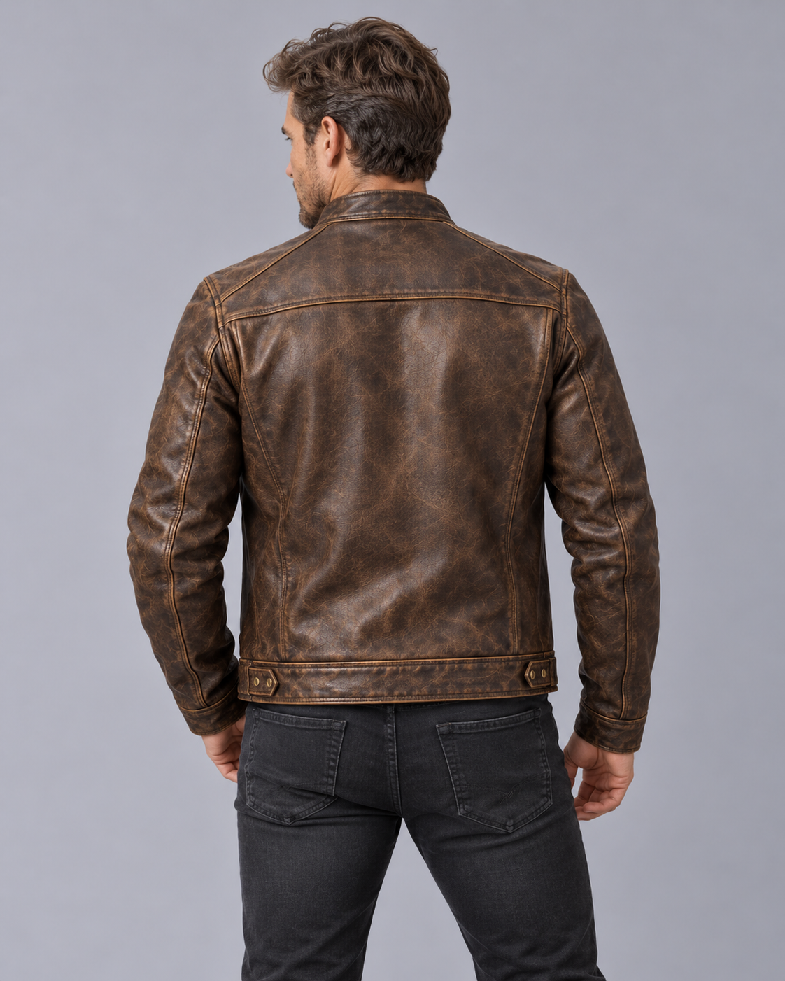 Men's Distressed Leather Jacket – Vintage Patina Finish, Stand Collar, 4 Zip Pockets