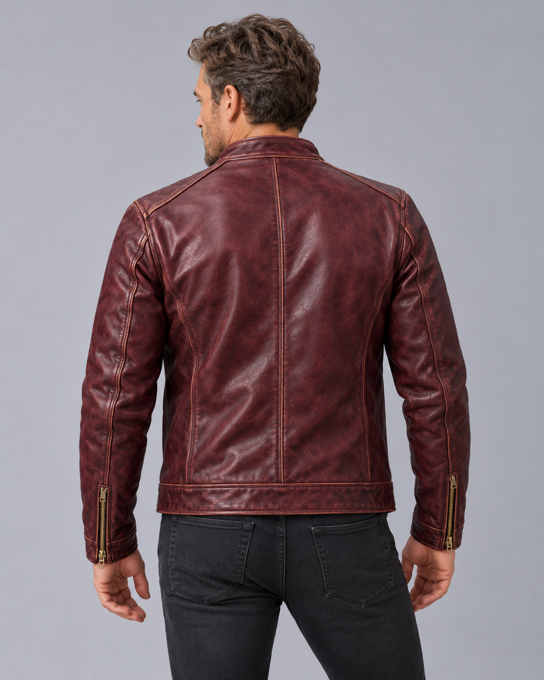 Men's Distressed Leather Jacket – Vintage Patina Finish, Stand Collar, 4 Zip Pockets