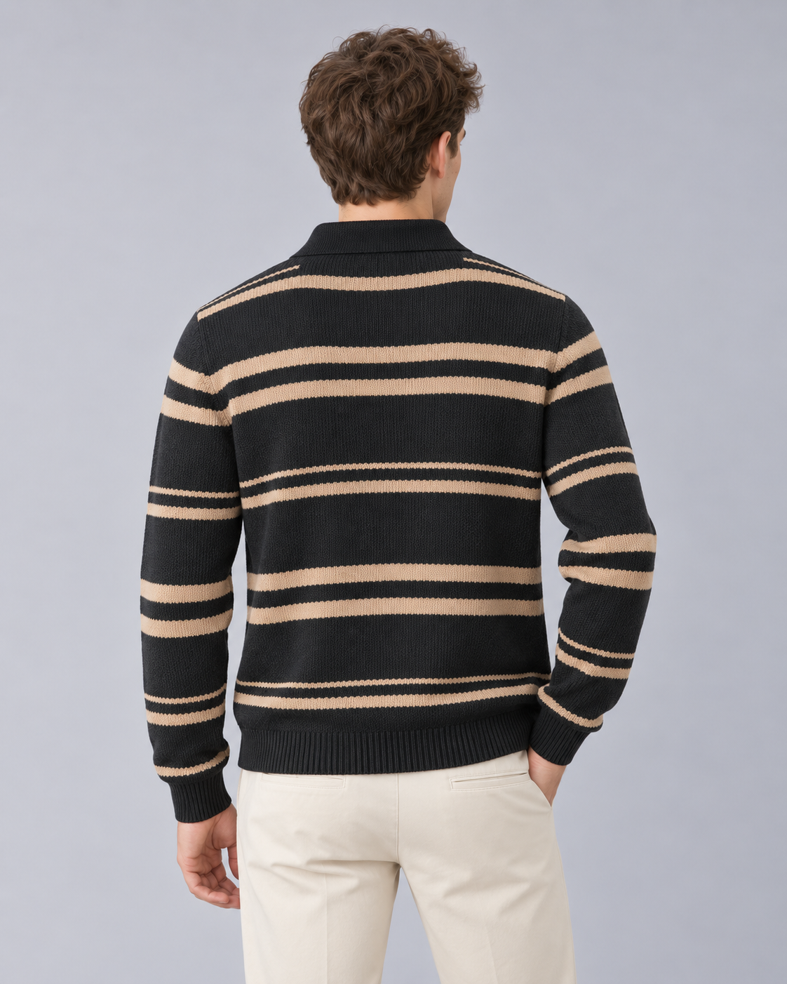 Men's Long Sleeve Knitted Polo – Striped Cotton-Blend Knit, Open Collar