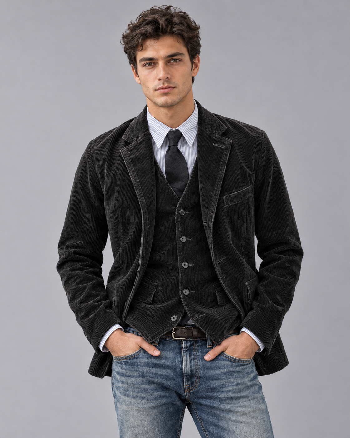 Men's Corduroy Jacket – Blazer Style, Notch Lapels, Button-Up, Flap Pockets