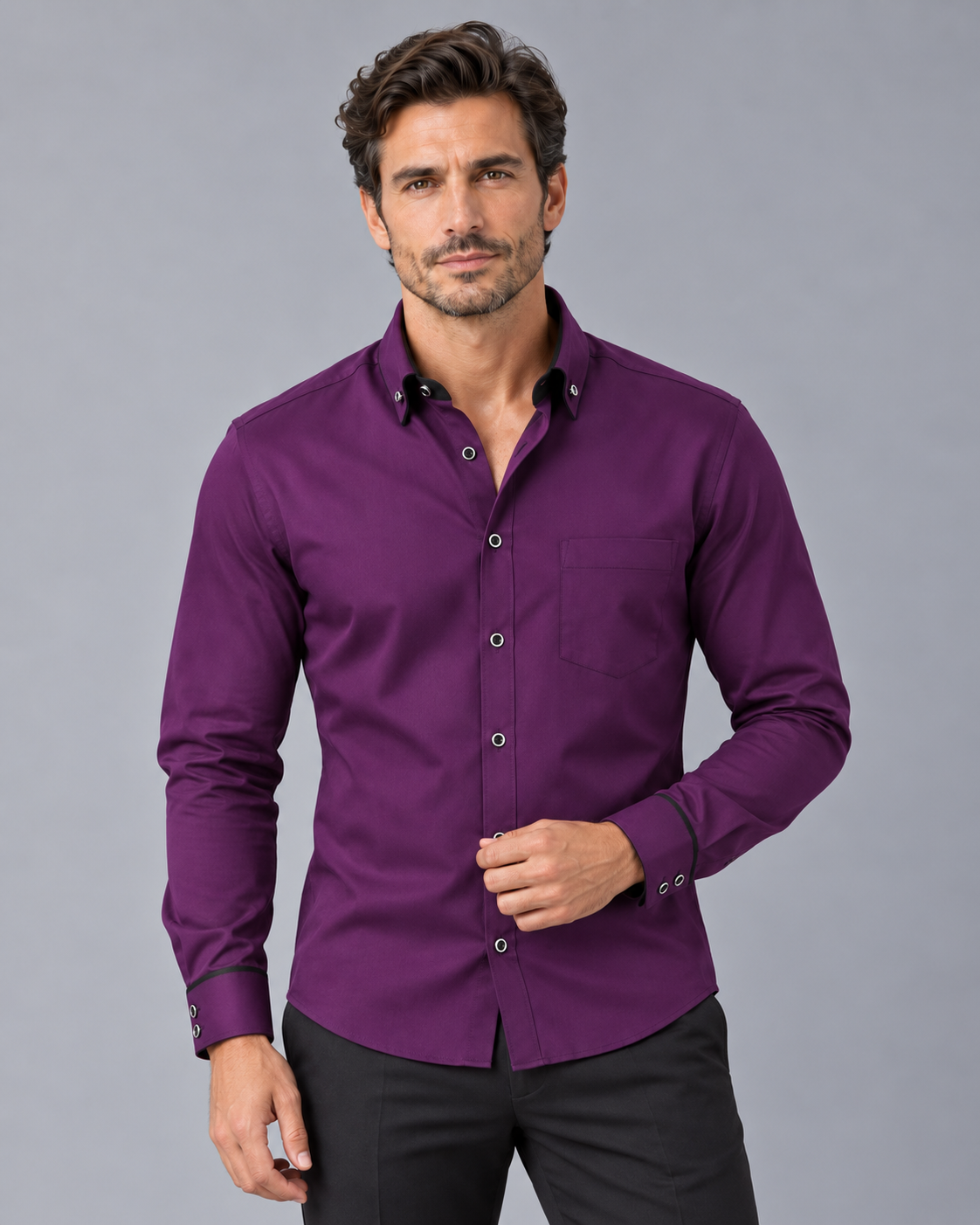 Men's Long Sleeve Shirt – Tailored Fit, Button-Down Collar, Chest Pocket