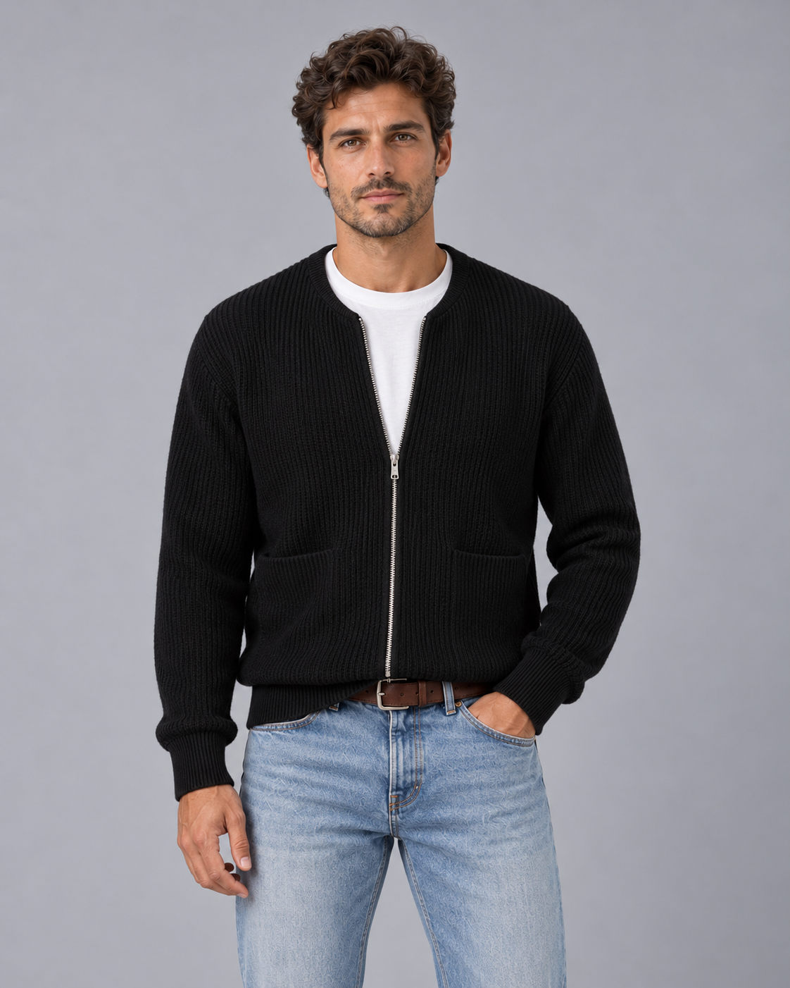 Men's Zip Up Cardigan – Chunky Rib Knit with Crew Neck and Two Front Pockets