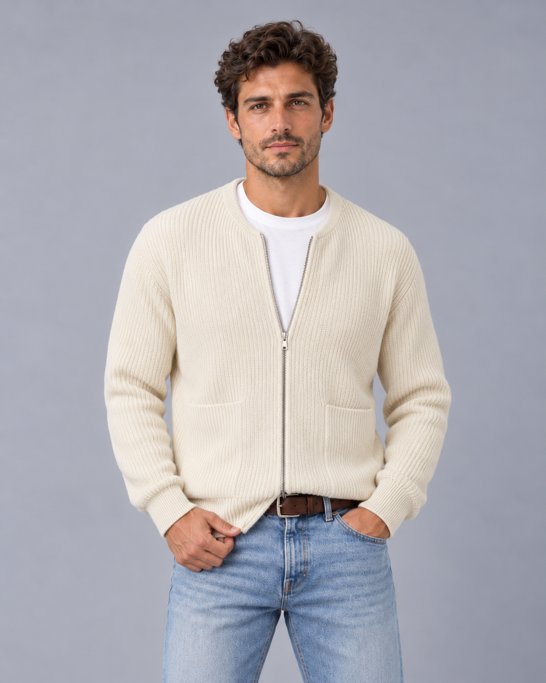 Men's Zip Up Cardigan – Chunky Rib Knit with Crew Neck and Two Front Pockets