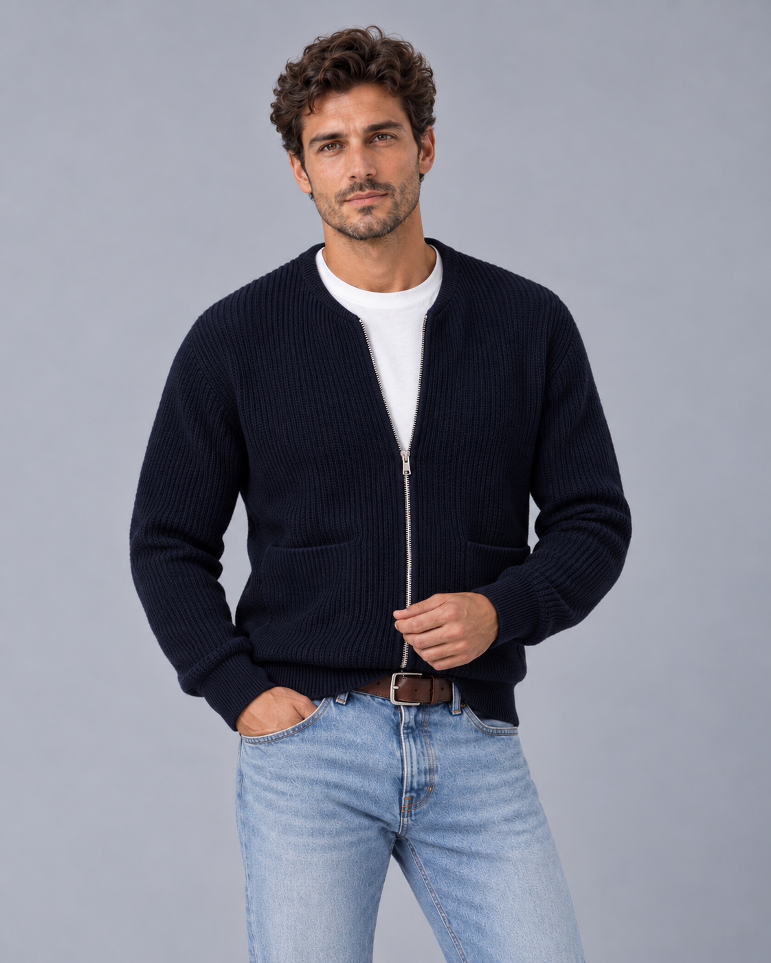 Men's Zip Up Cardigan – Chunky Rib Knit with Crew Neck and Two Front Pockets