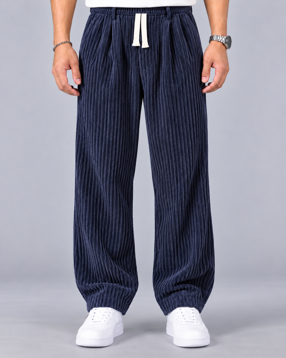 Men's Wide Leg Corduroy Trousers – Elasticated Drawstring Waist, Pleated Front, Relaxed Fit