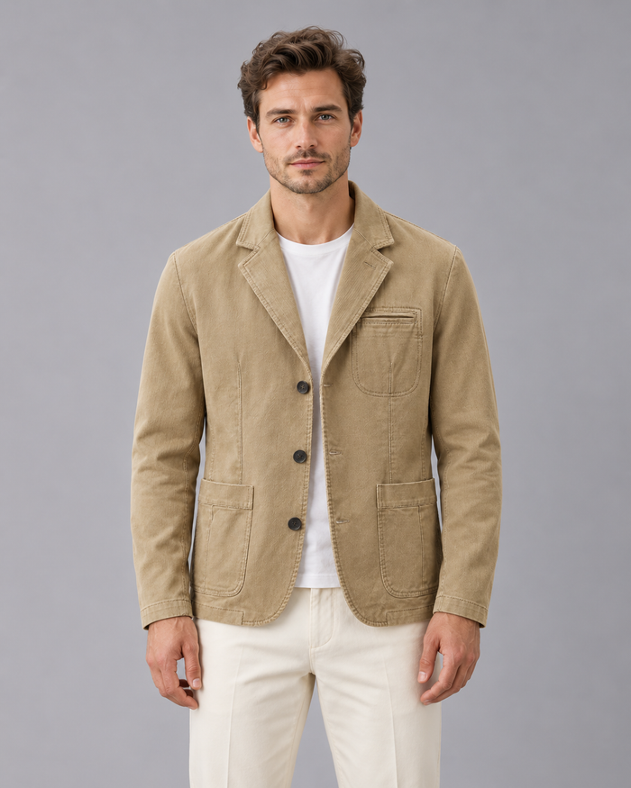 Men's Denim Blazer Jacket in Washed Cotton – Casual Blazer with Notch Lapels and Patch Pockets
