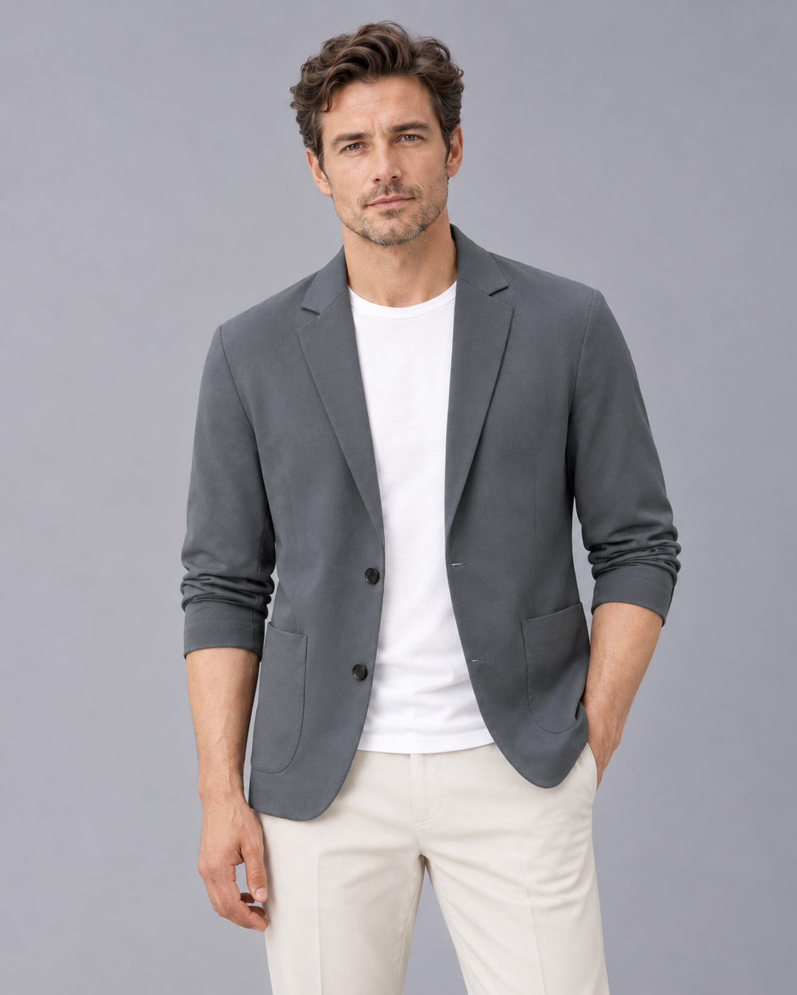 Men's Casual Blazer Jacket – Lightweight Two-Button Blazer with Notch Lapels and Patch Pockets