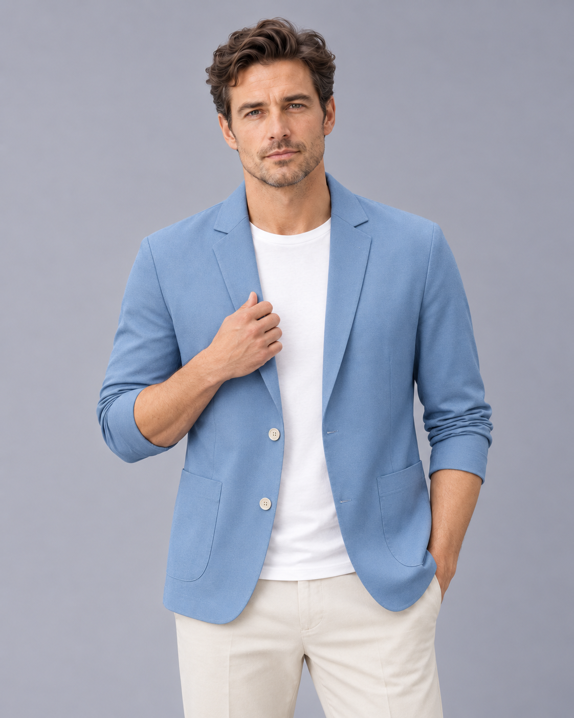Men's Casual Blazer Jacket – Lightweight Two-Button Blazer with Notch Lapels and Patch Pockets