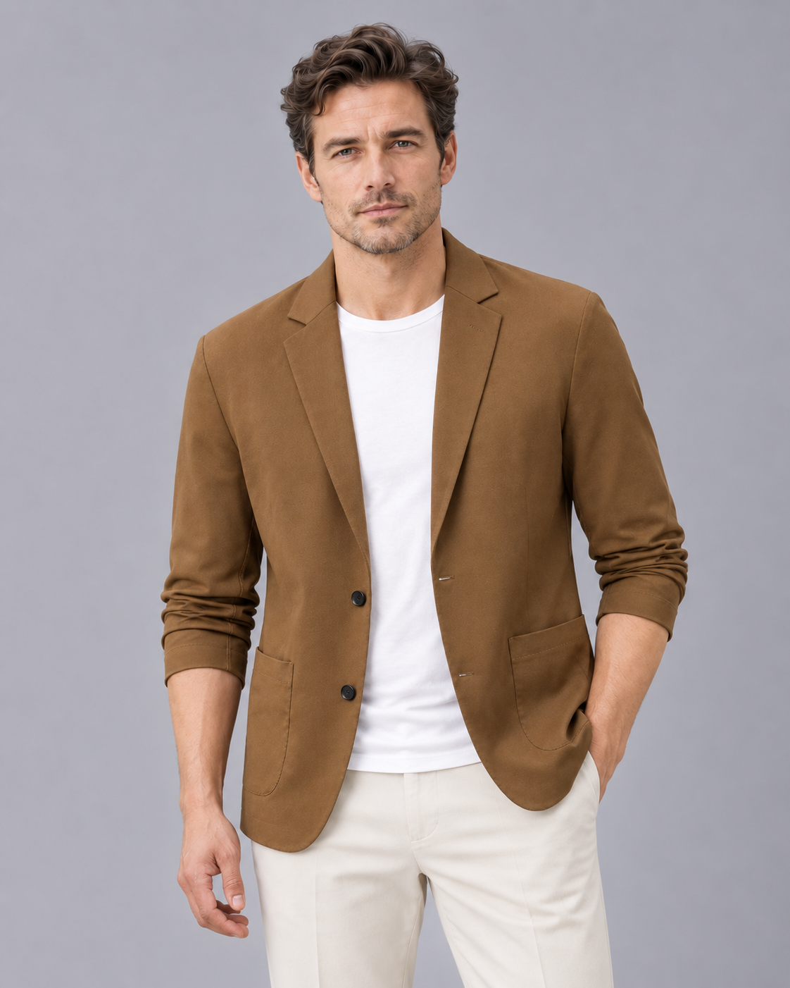 Men's Casual Blazer Jacket – Lightweight Two-Button Blazer with Notch Lapels and Patch Pockets