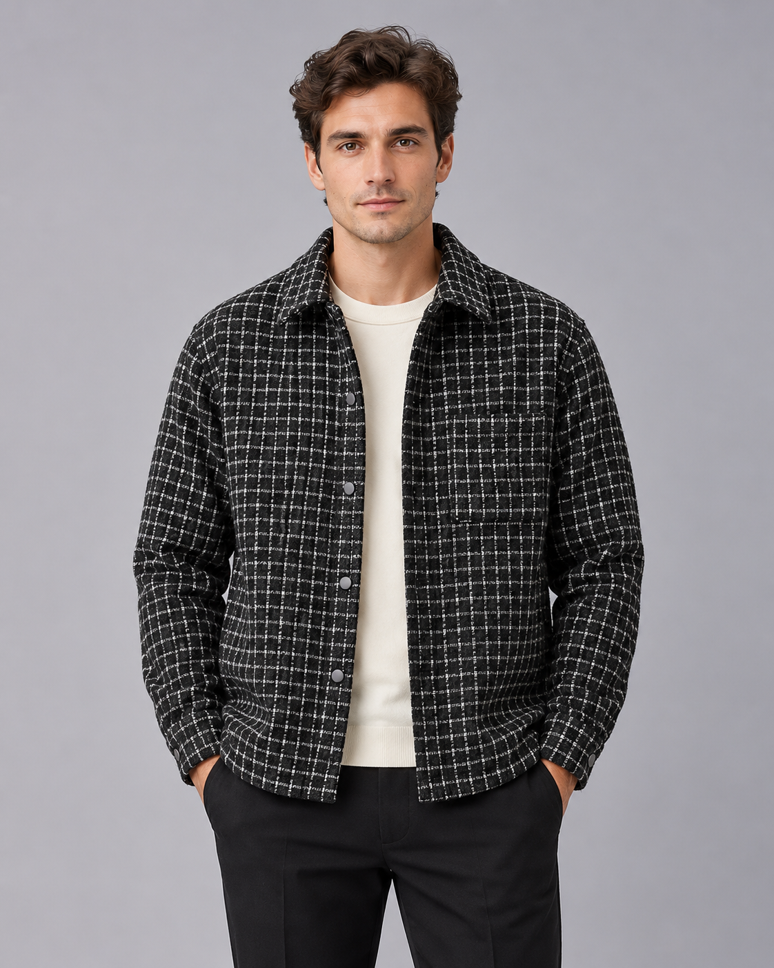 Men's Tweed Shacket in Cotton – Check Overshirt Jacket with Point Collar and Snap-Button Front
