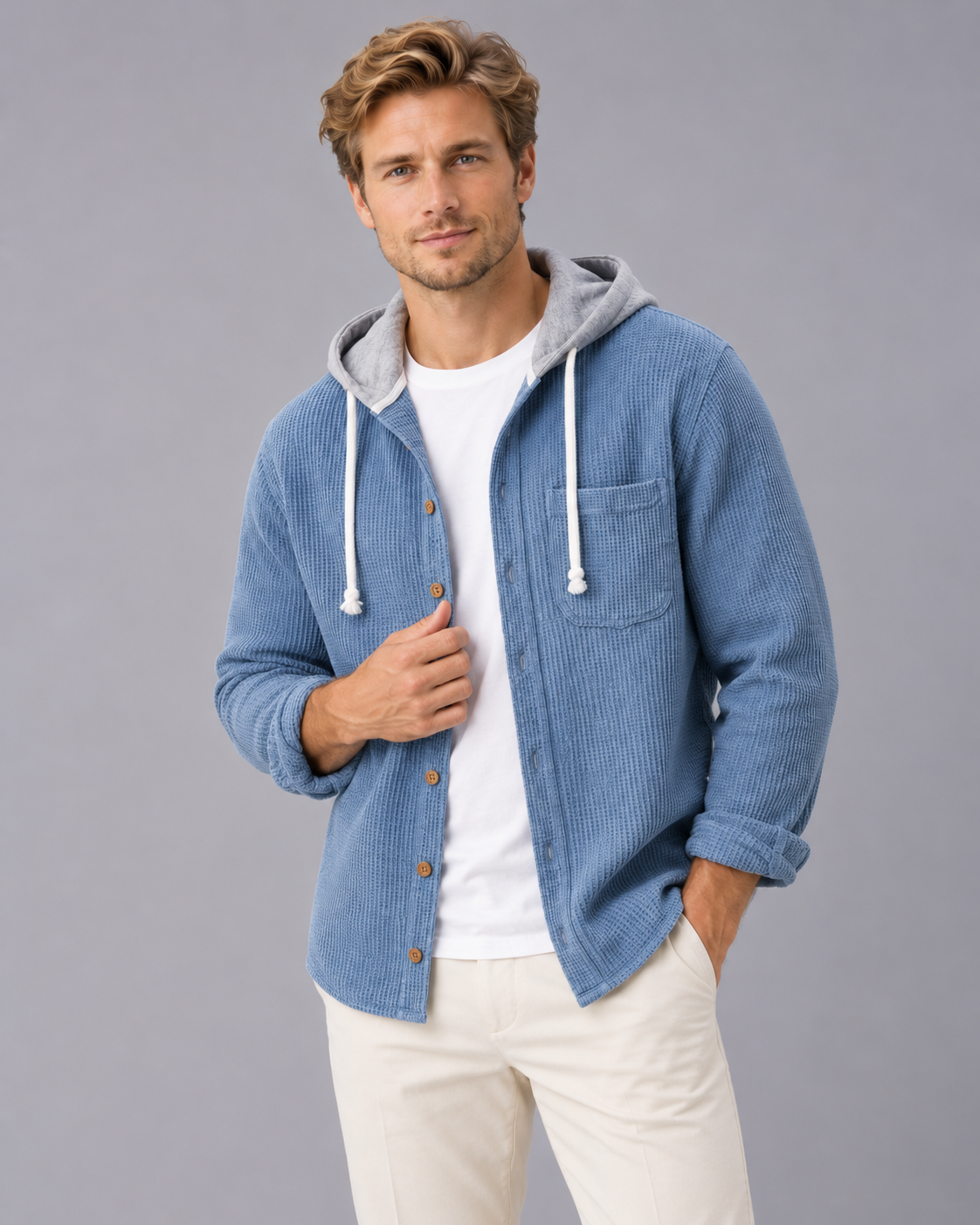 Men's Corduroy Hooded Overshirt – Button-Front Shirt Jacket with Drawstring Hood, Loose Fit