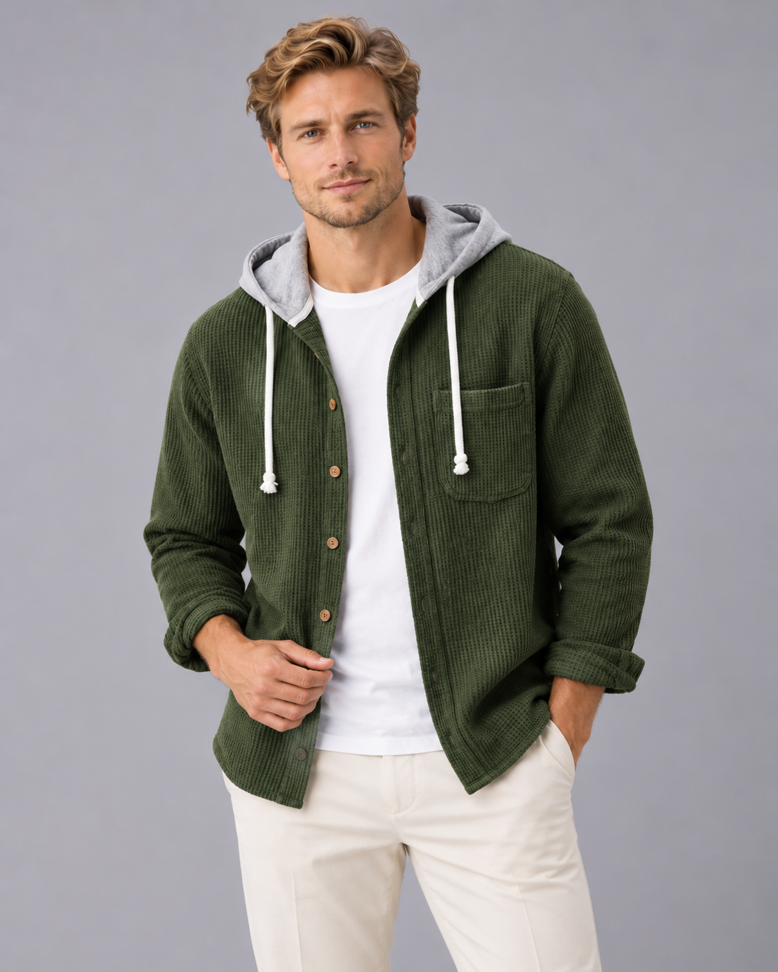 Men's Corduroy Hooded Overshirt – Button-Front Shirt Jacket with Drawstring Hood, Loose Fit