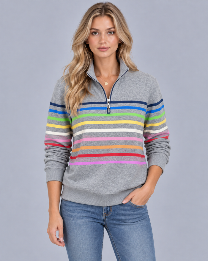 Women's Striped Quarter Zip Jumper – Soft Knit, Stand Collar, Ribbed Cuffs & Hem