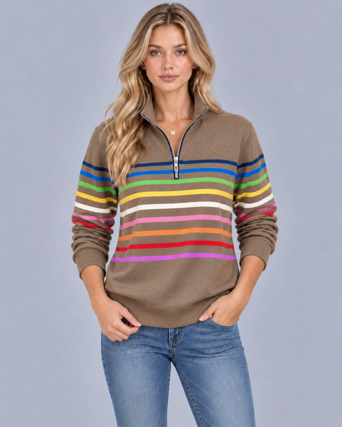 Women's Striped Quarter Zip Jumper – Soft Knit, Stand Collar, Ribbed Cuffs & Hem