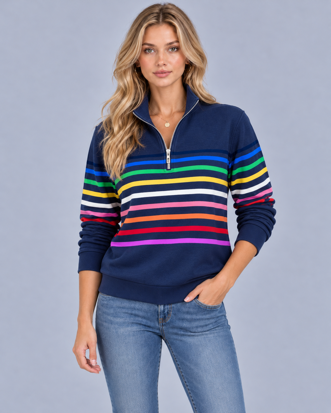 Women's Striped Quarter Zip Jumper – Soft Knit, Stand Collar, Ribbed Cuffs & Hem