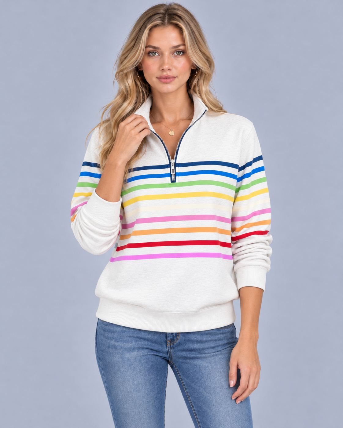 Women's Striped Quarter Zip Jumper – Soft Knit, Stand Collar, Ribbed Cuffs & Hem