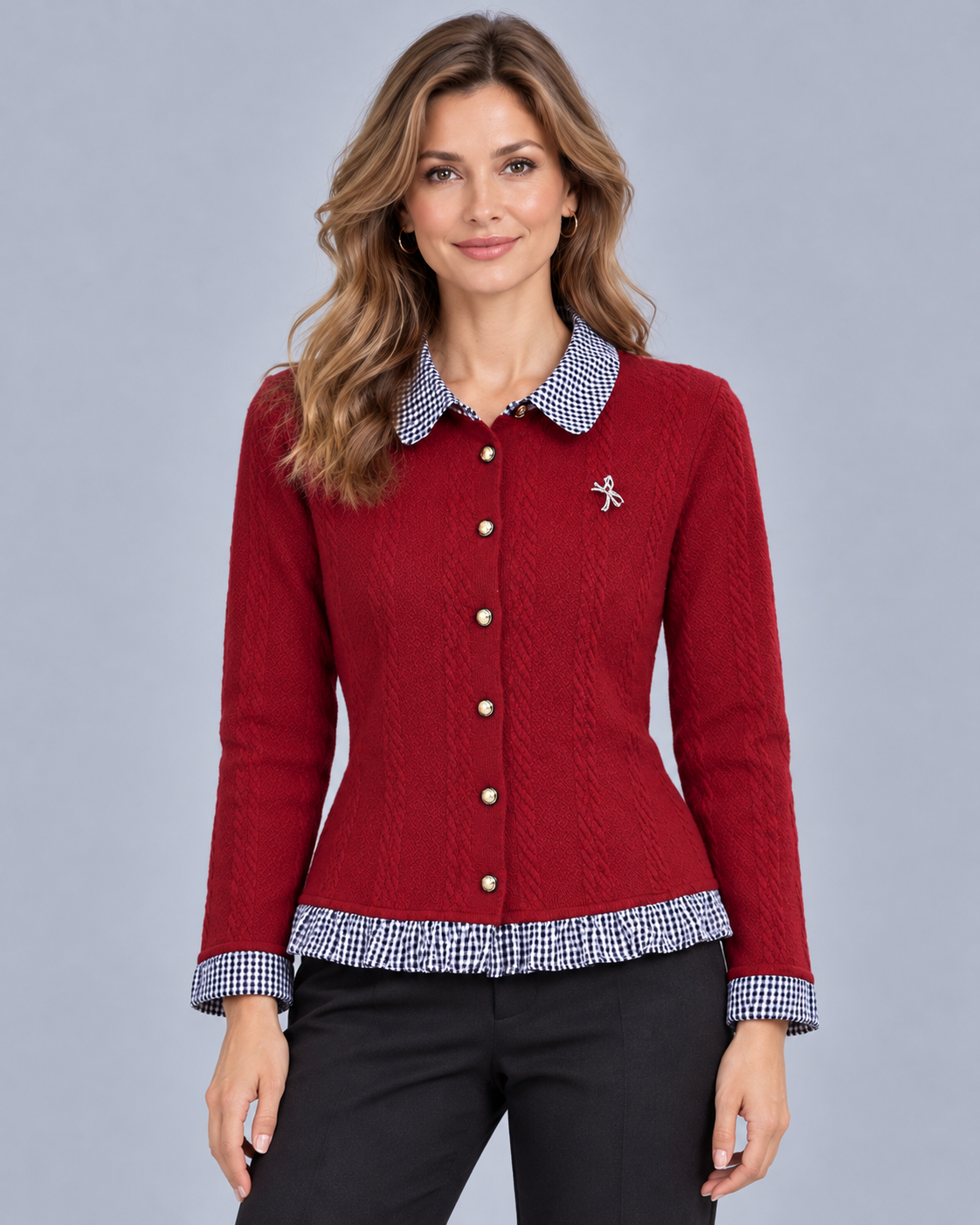 Women's Cardigan with Collar – Cable Knit, Checked Collar & Cuffs, Frill Hem, Button Front