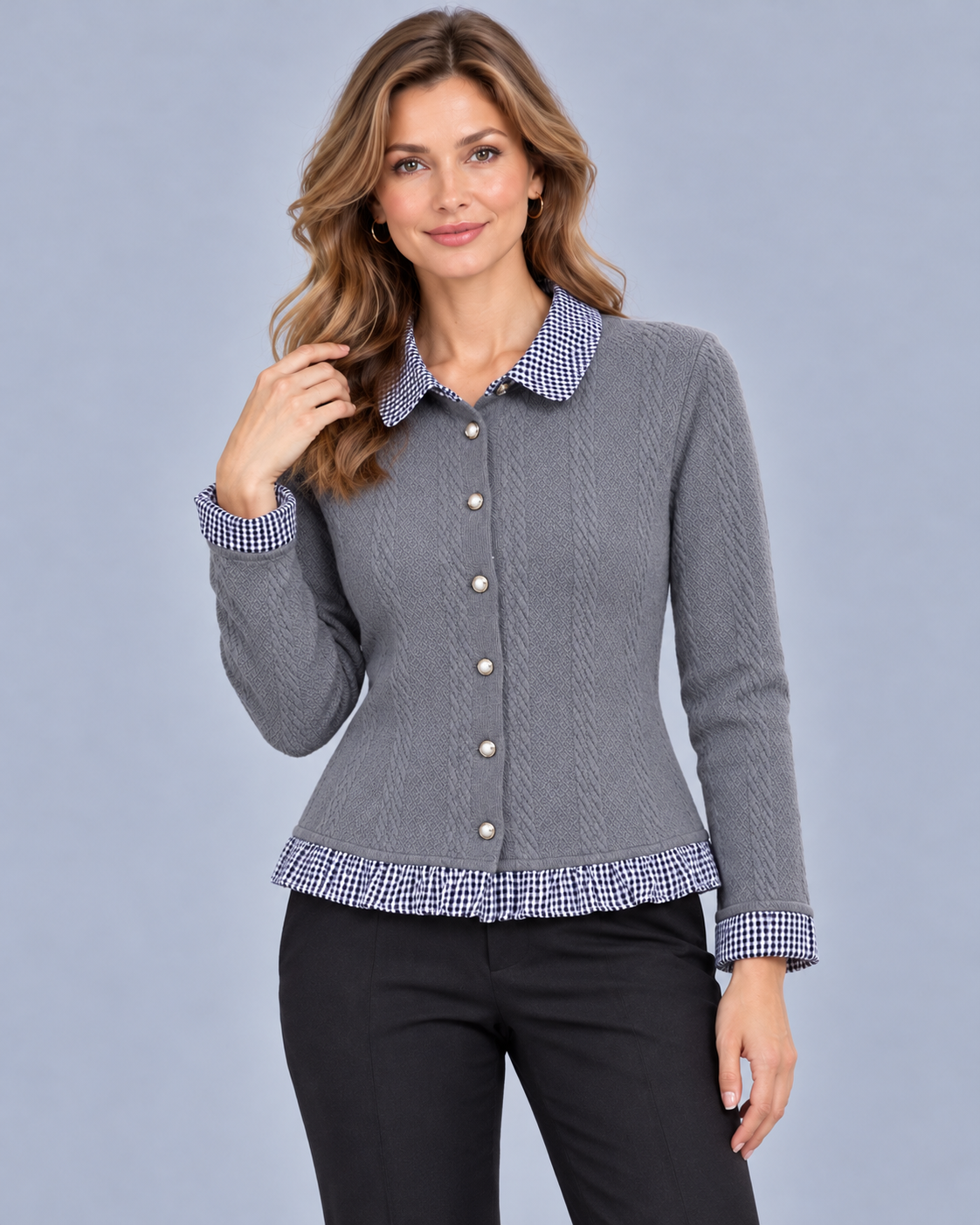 Women's Cardigan with Collar – Cable Knit, Checked Collar & Cuffs, Frill Hem, Button Front
