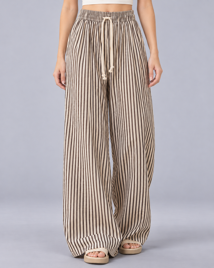 Women's Striped Wide Leg Trousers – Elasticated Drawstring Waist, Full Length, Relaxed Fit