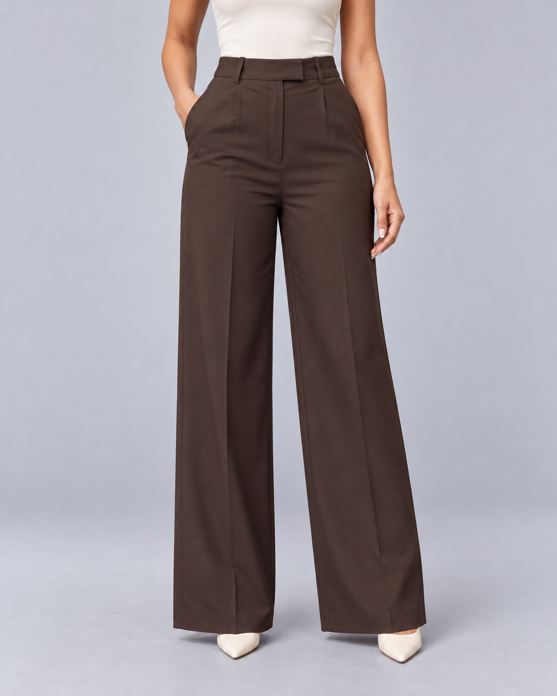 Women's High Waisted Wide Leg Trousers – Pleated Front, Pressed Creases, Angled Pockets, Full Length