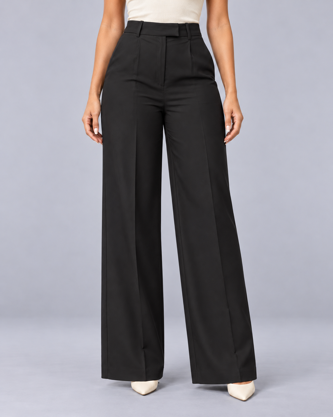 Women's High Waisted Wide Leg Trousers – Pleated Front, Pressed Creases, Angled Pockets, Full Length