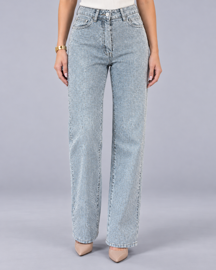 Women's Straight Leg Jeans in Cotton-Blend Denim – All-Over Rhinestones, High Rise, Stretch