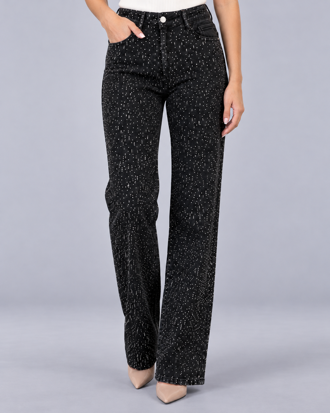 Women's Straight Leg Jeans in Cotton-Blend Denim – All-Over Rhinestones, High Rise, Stretch