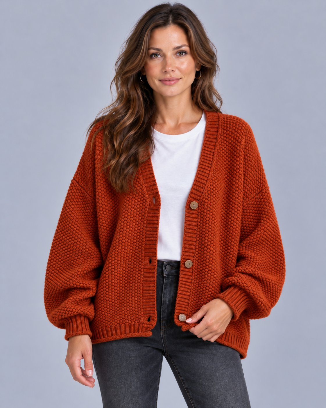 Women's Wool blend Chunky Knit Cardigan | Oversized with Balloon Sleeves