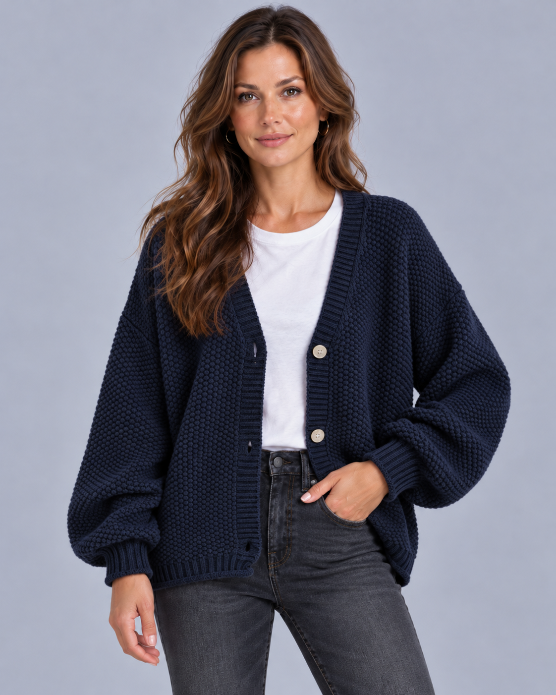 Women's Wool blend Chunky Knit Cardigan | Oversized with Balloon Sleeves