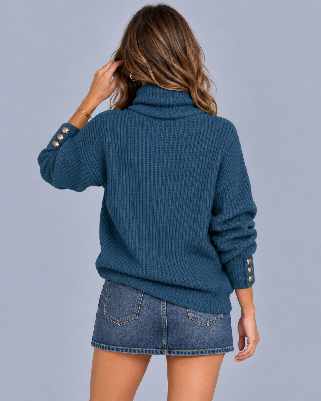 Women's Turtleneck Knit Jumper | Button Cuff with Relaxed Fit