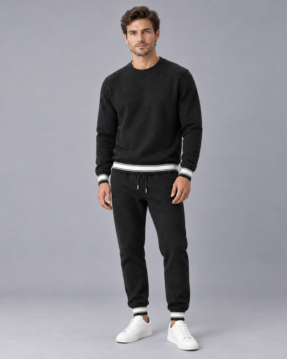 Men's 100% Cashmere Lounge Set with Crew-Neck Jumper and Striped Joggers
