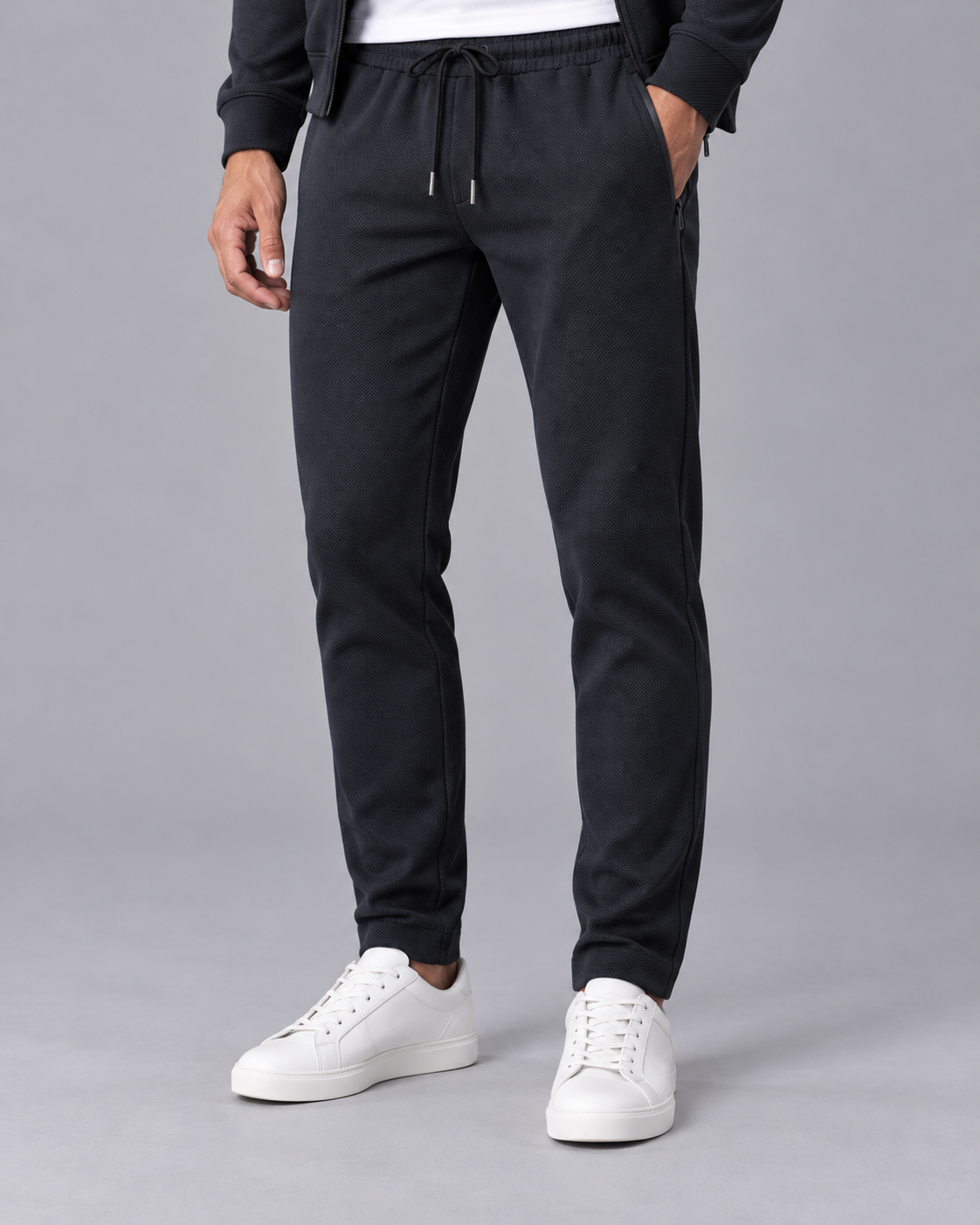 Men's Textured Tracksuit with Zip-Up Jacket and Drawstring Joggers