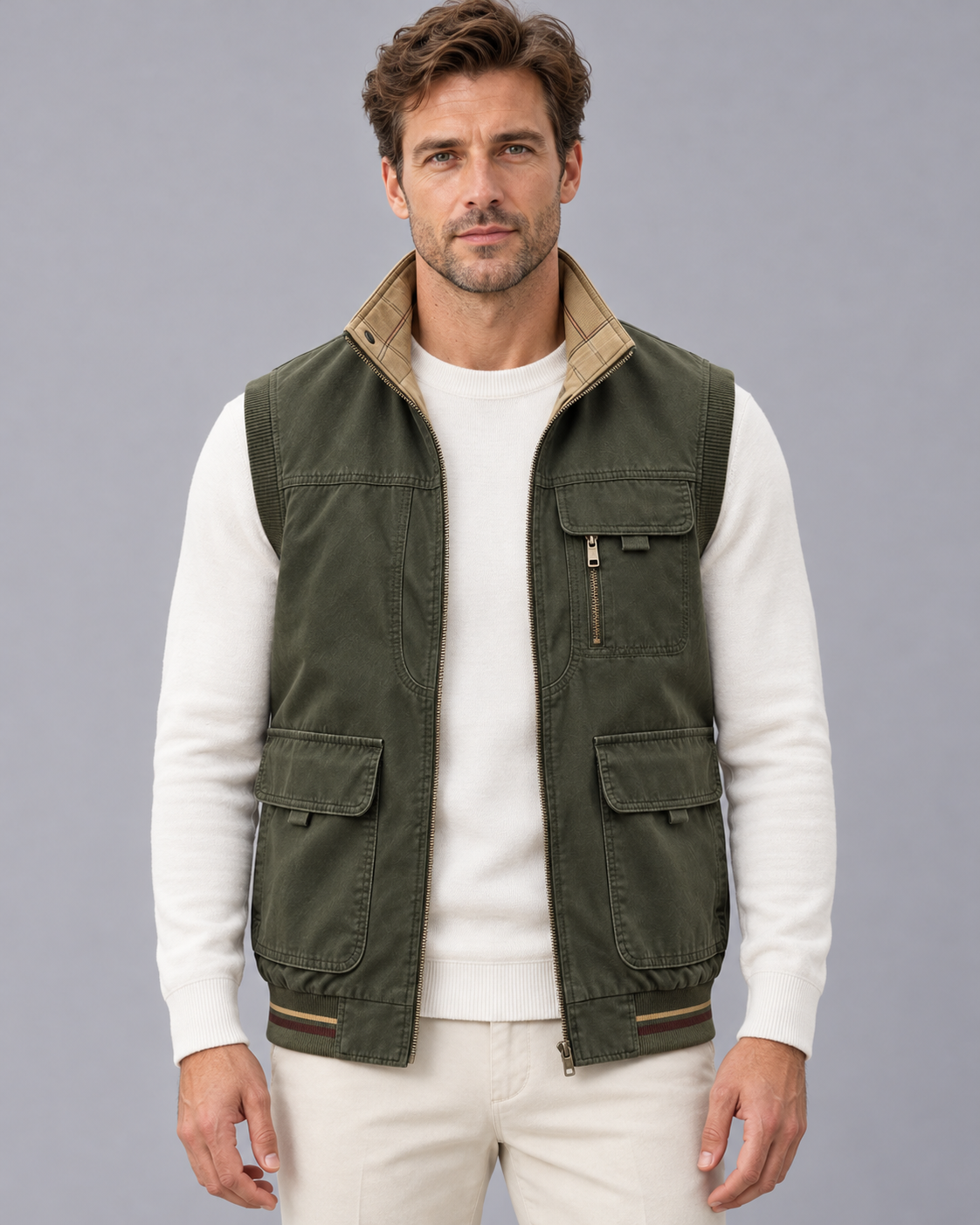 Men's Multi Pocket Gilet with Stand Collar and Full Zip