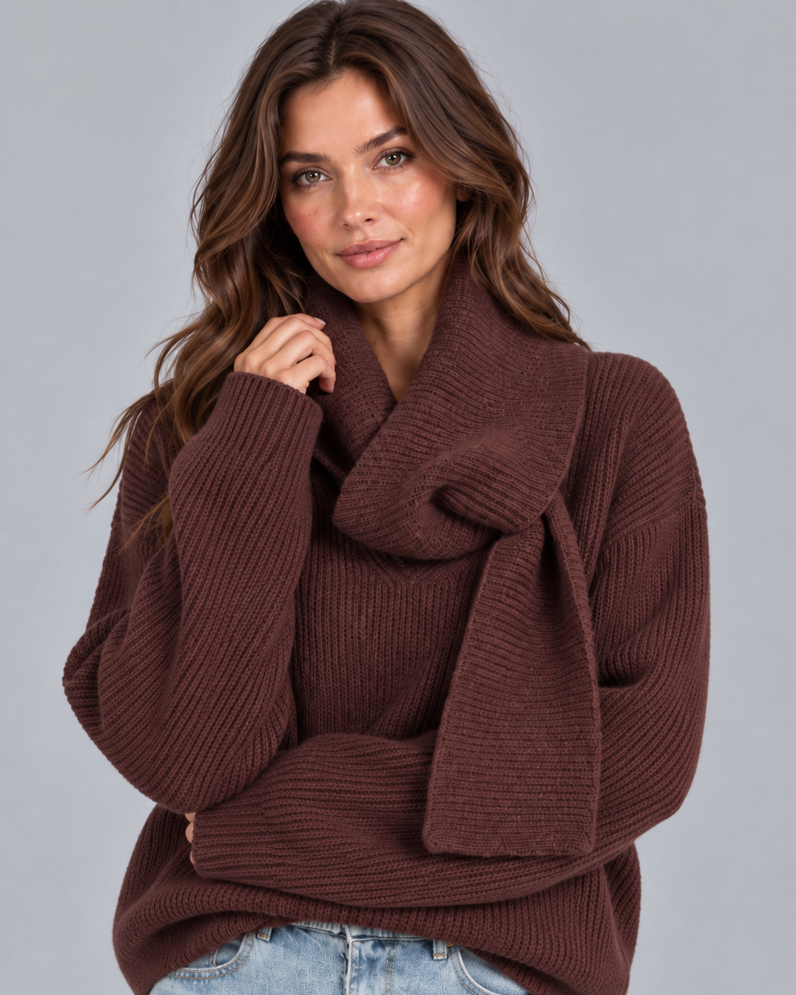 Women's Oversized Ribbed Knit Scarf Jumper | Sweater with V-neckline