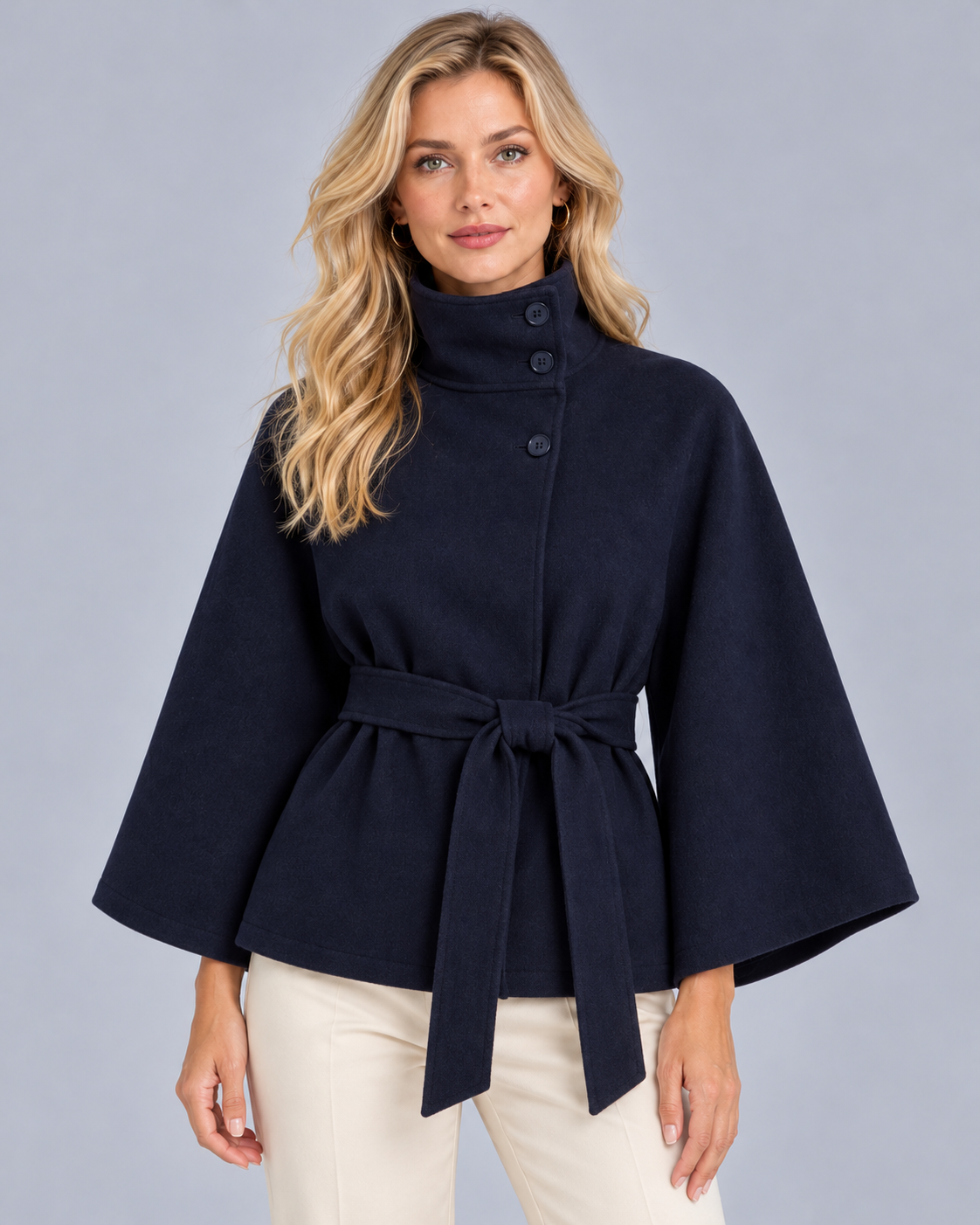Women's Belted Funnel Neck Cape Coat | Wide Sleeve