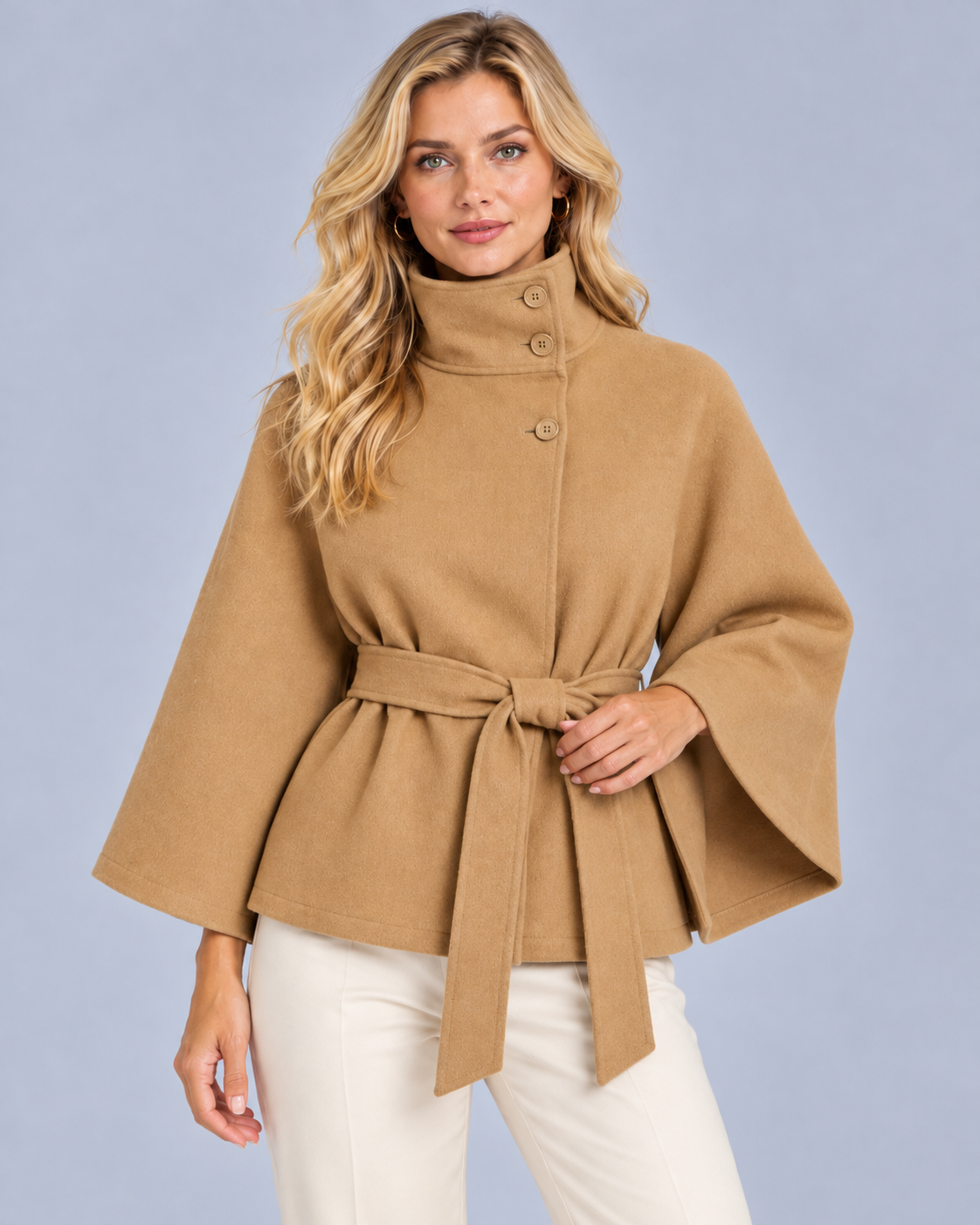 Women's Belted Funnel Neck Cape Coat | Wide Sleeve