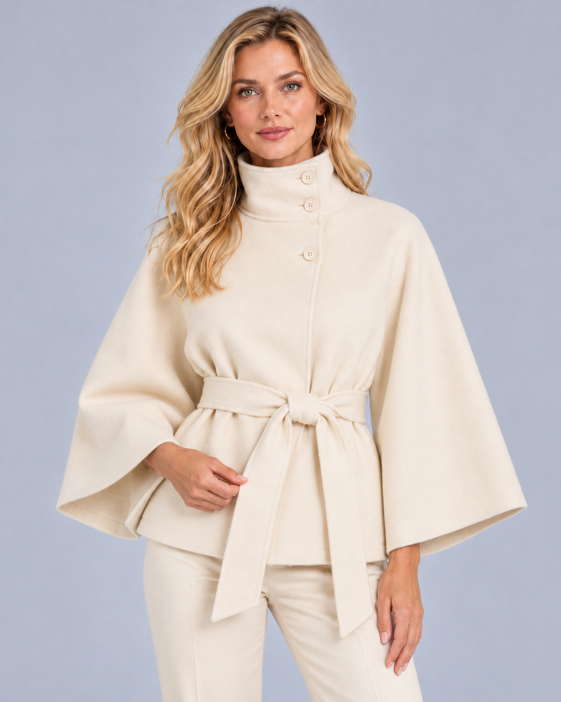 Women's Belted Funnel Neck Cape Coat | Wide Sleeve
