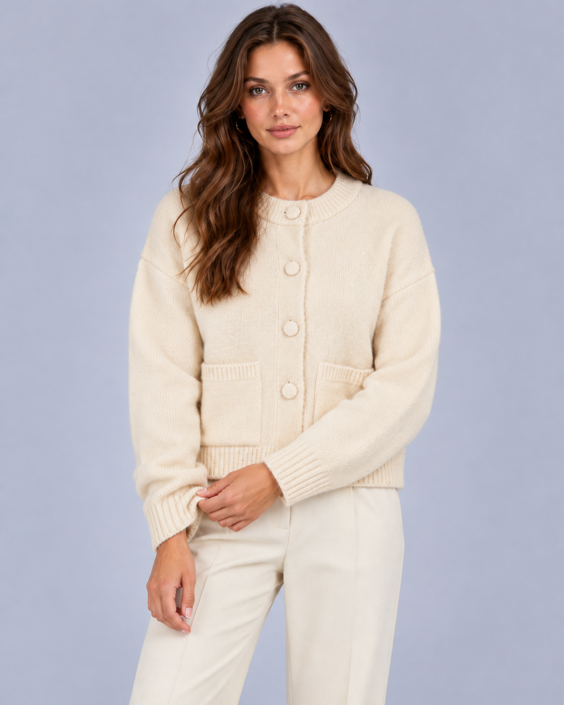 Women's Cropped Chunky Knit Cardigan with Patch Pockets