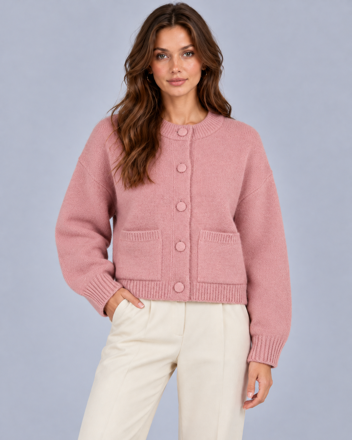 Women's Cropped Chunky Knit Cardigan with Patch Pockets