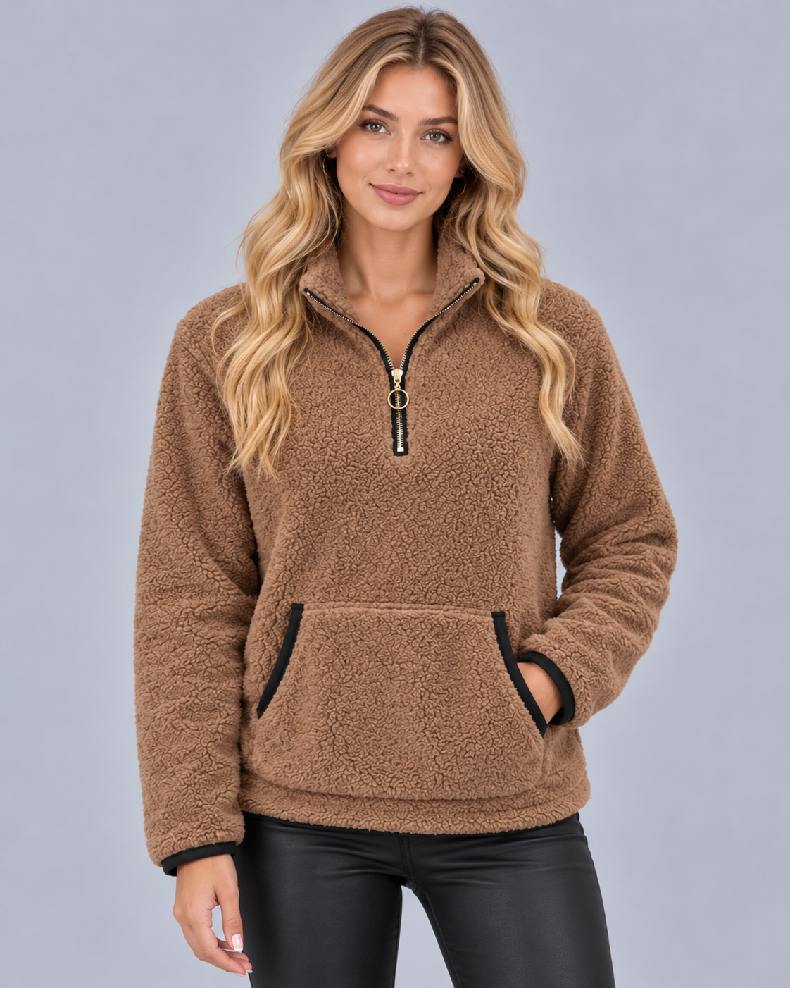 Women's Teddy Fleece Half Zip Jumper – Funnel Neck, Kangaroo Pocket