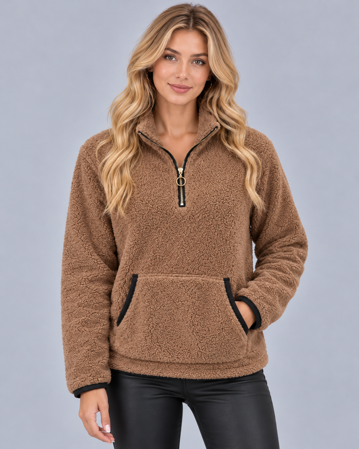 Women's Teddy Fleece Half Zip Jumper – Funnel Neck, Kangaroo Pocket