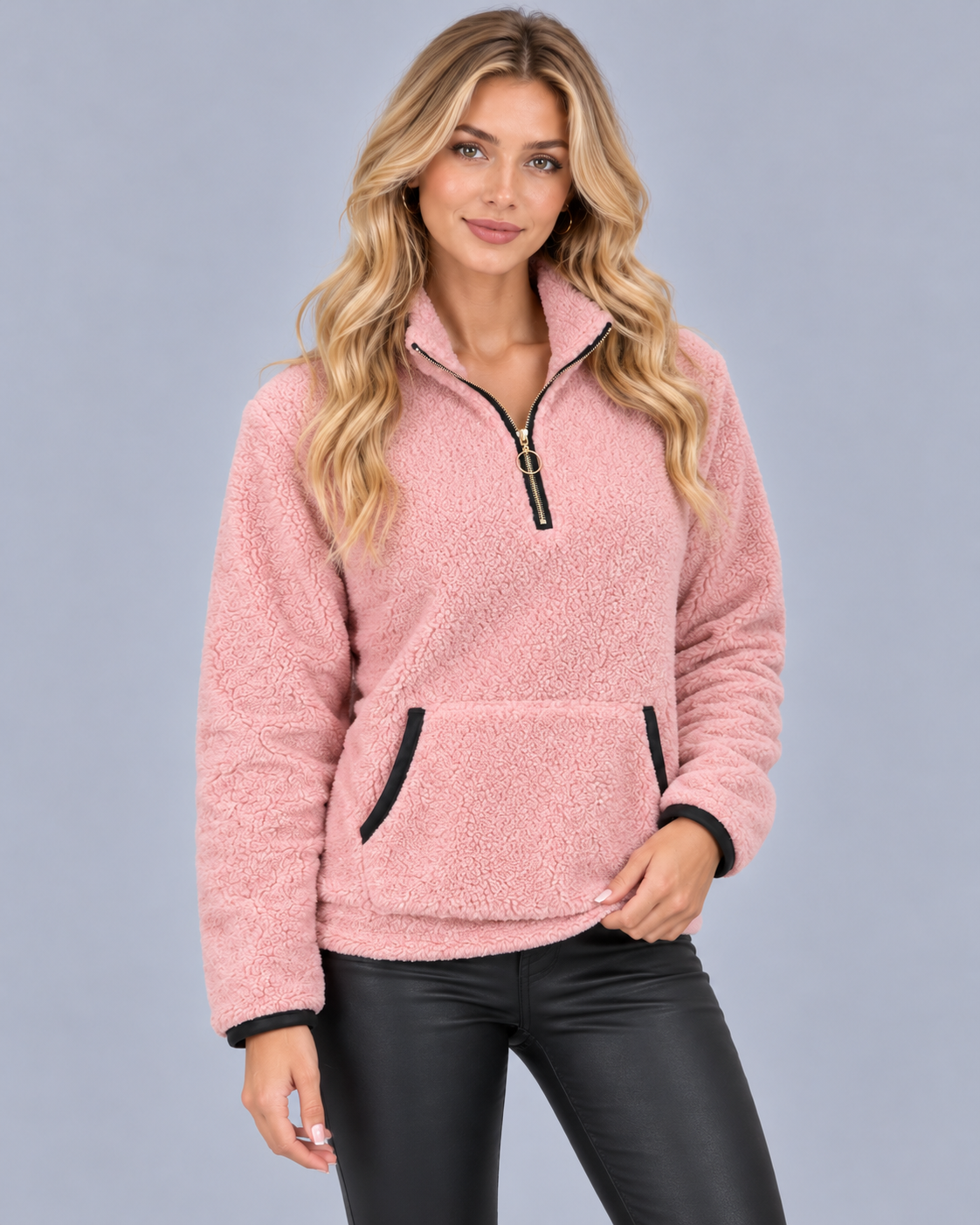 Women's Teddy Fleece Half Zip Jumper – Funnel Neck, Kangaroo Pocket