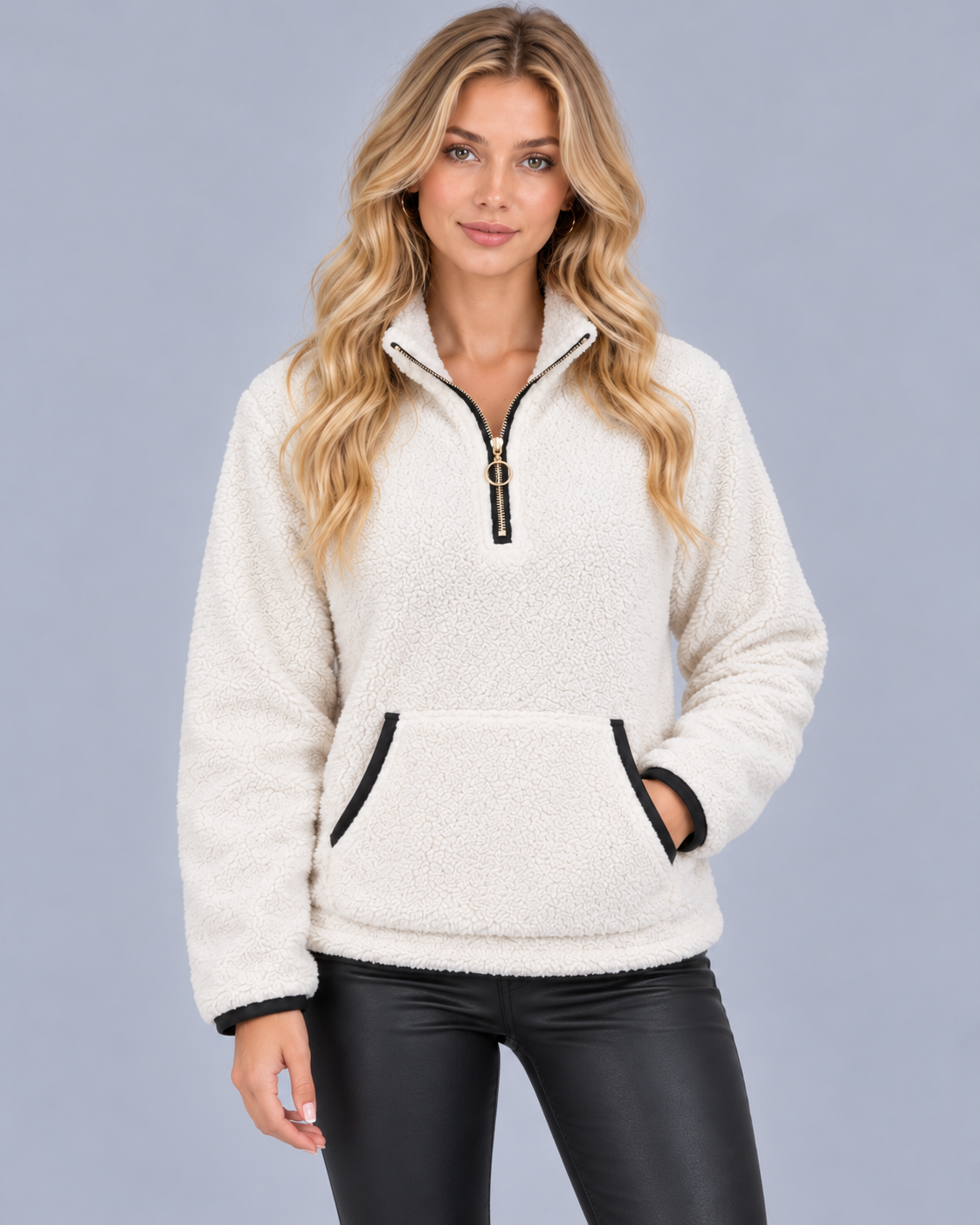 Women's Teddy Fleece Half Zip Jumper – Funnel Neck, Kangaroo Pocket