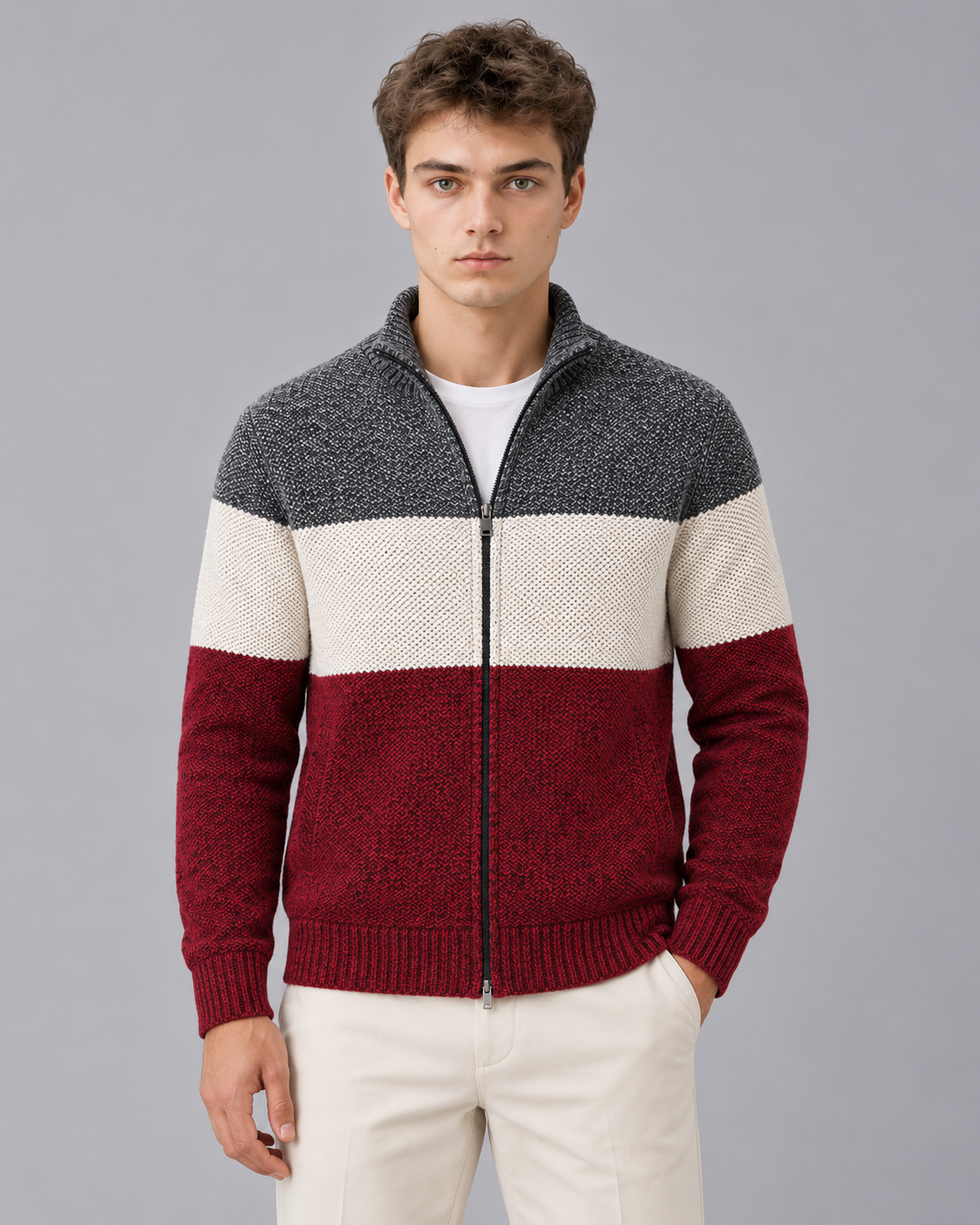 Men's Colour Block Zip Cardigan – Stand Collar, Check Lined