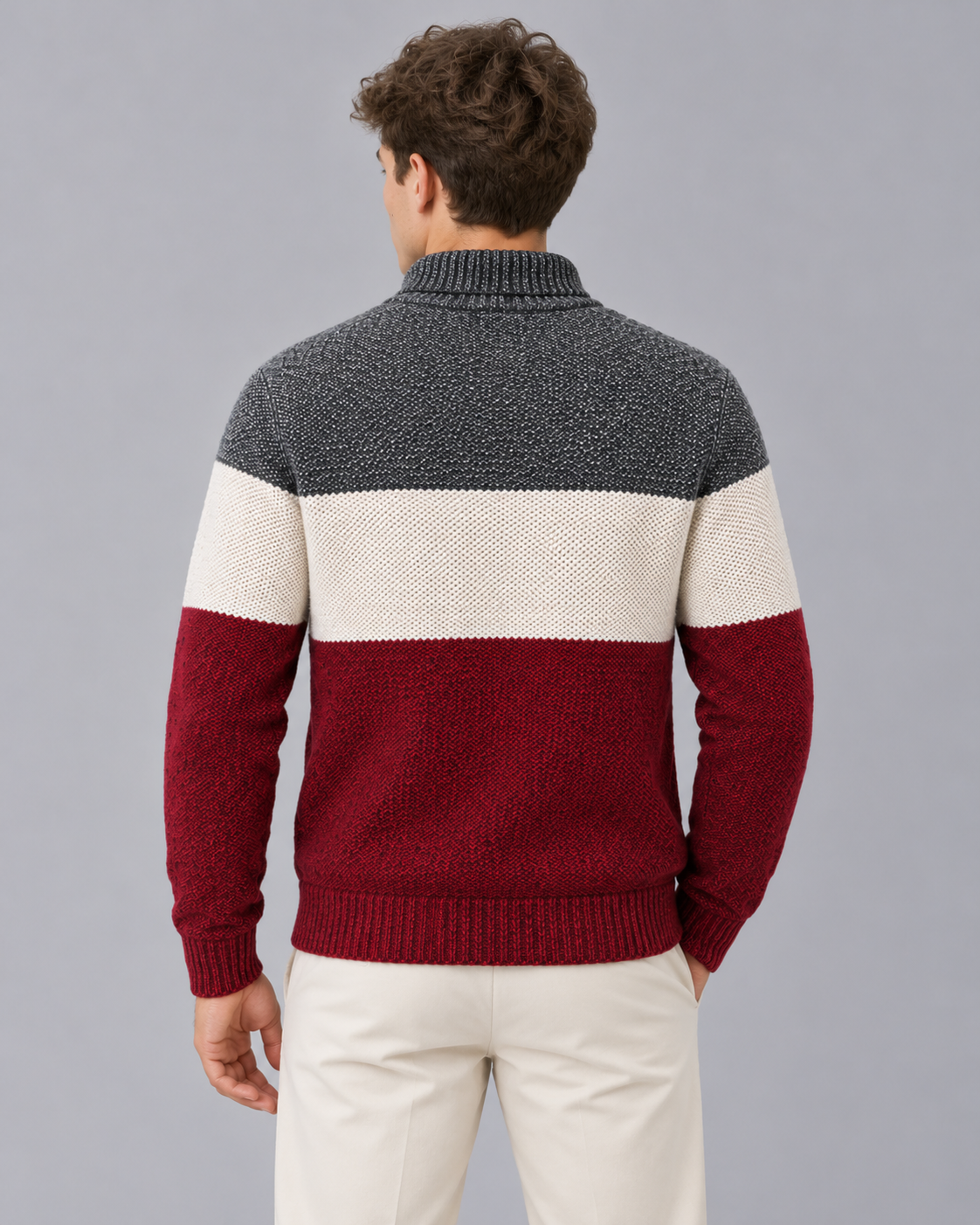 Men's Colour Block Zip Cardigan – Stand Collar, Check Lined